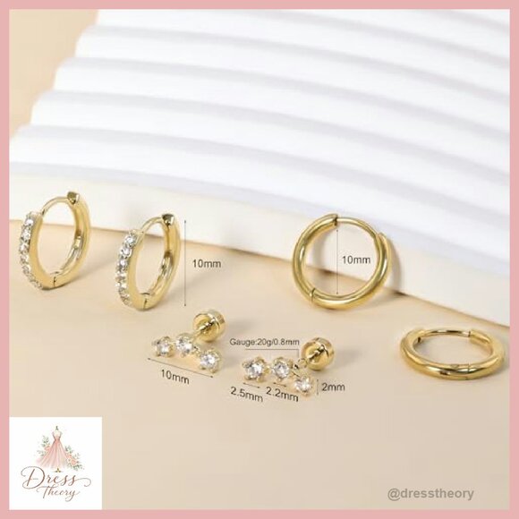 14K Gold Hoop Earrings Set, 3 Pairs, Hypoallergenic, Cartilage Studs - Picture 5 of 8